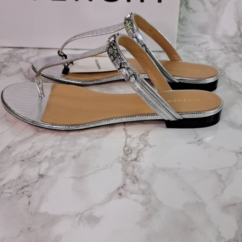 Givency Elba Lizard Embossed Silvery Metallic Leather Thong Sandals Size IT 38.5 - Picture 6 of 11